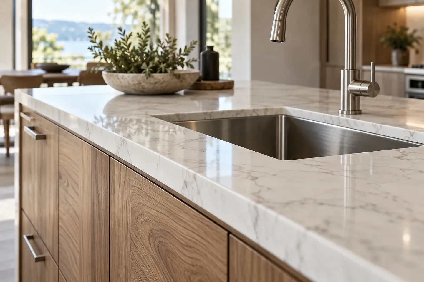 Undermount stainless sink in a marble-look countertop with an eased edge