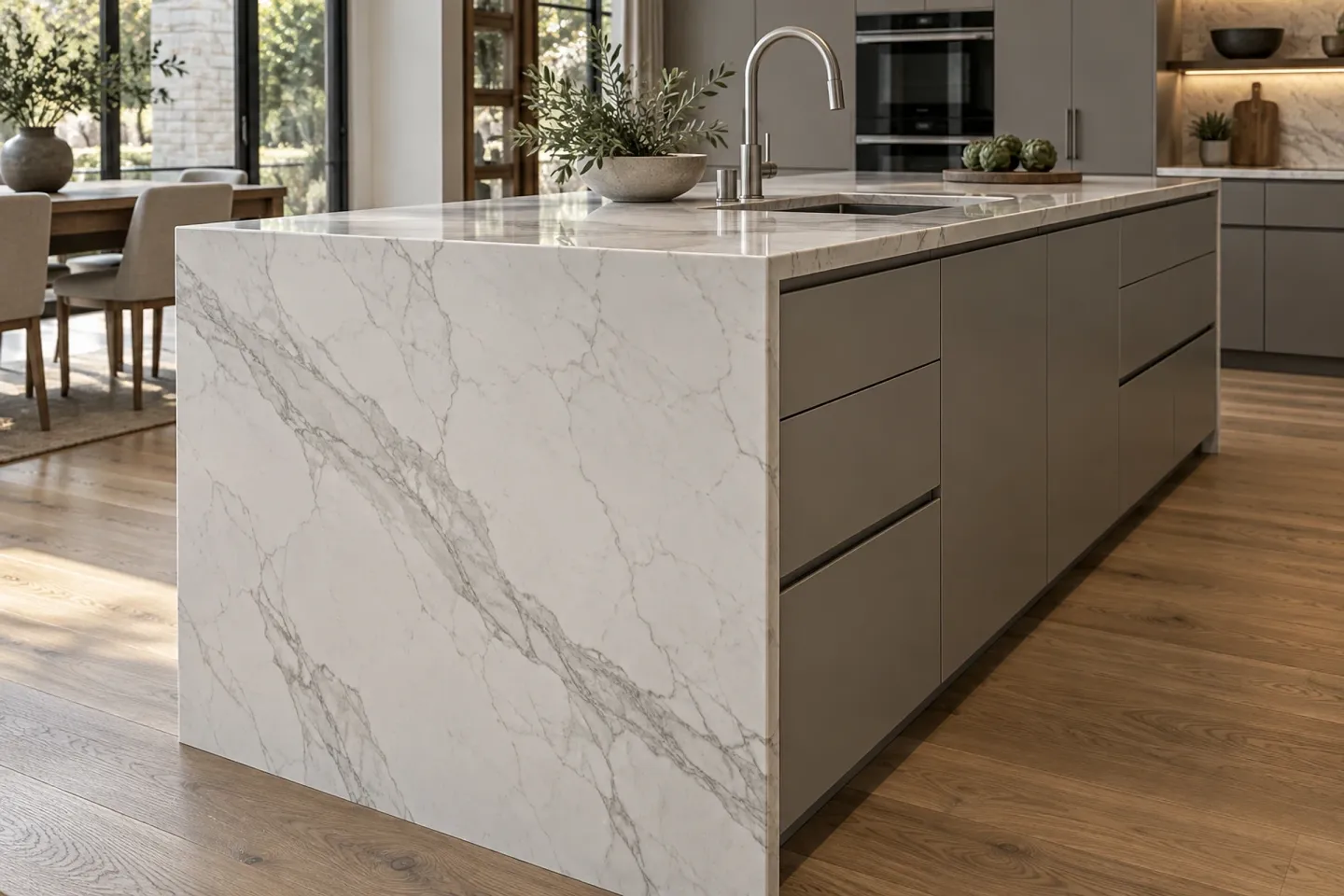 Island with a white stone waterfall end and matte grey handleless drawers